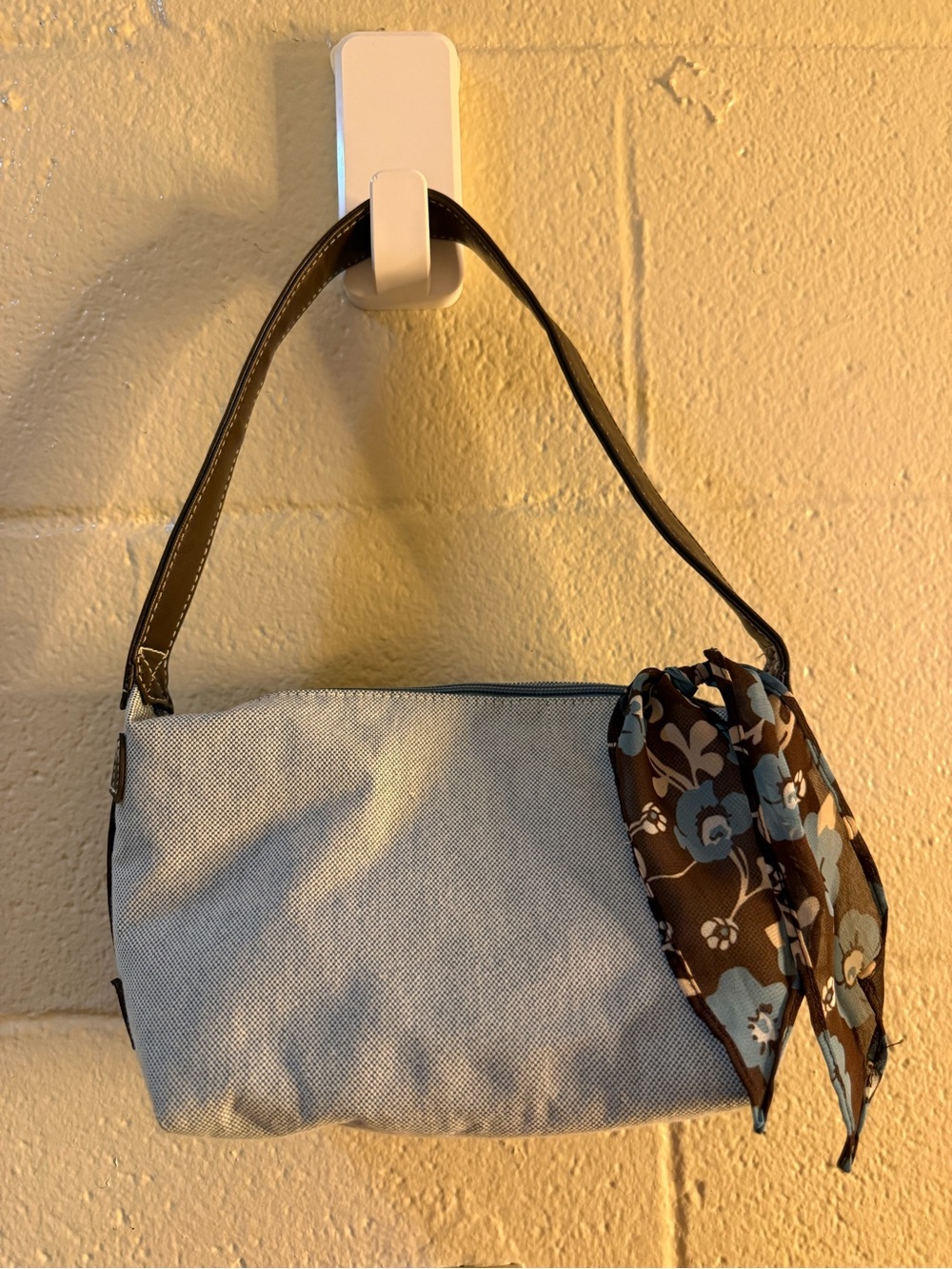 Victoria's Secret Light Gray Shoulder Bag with Brown Strap and Floral Scarf